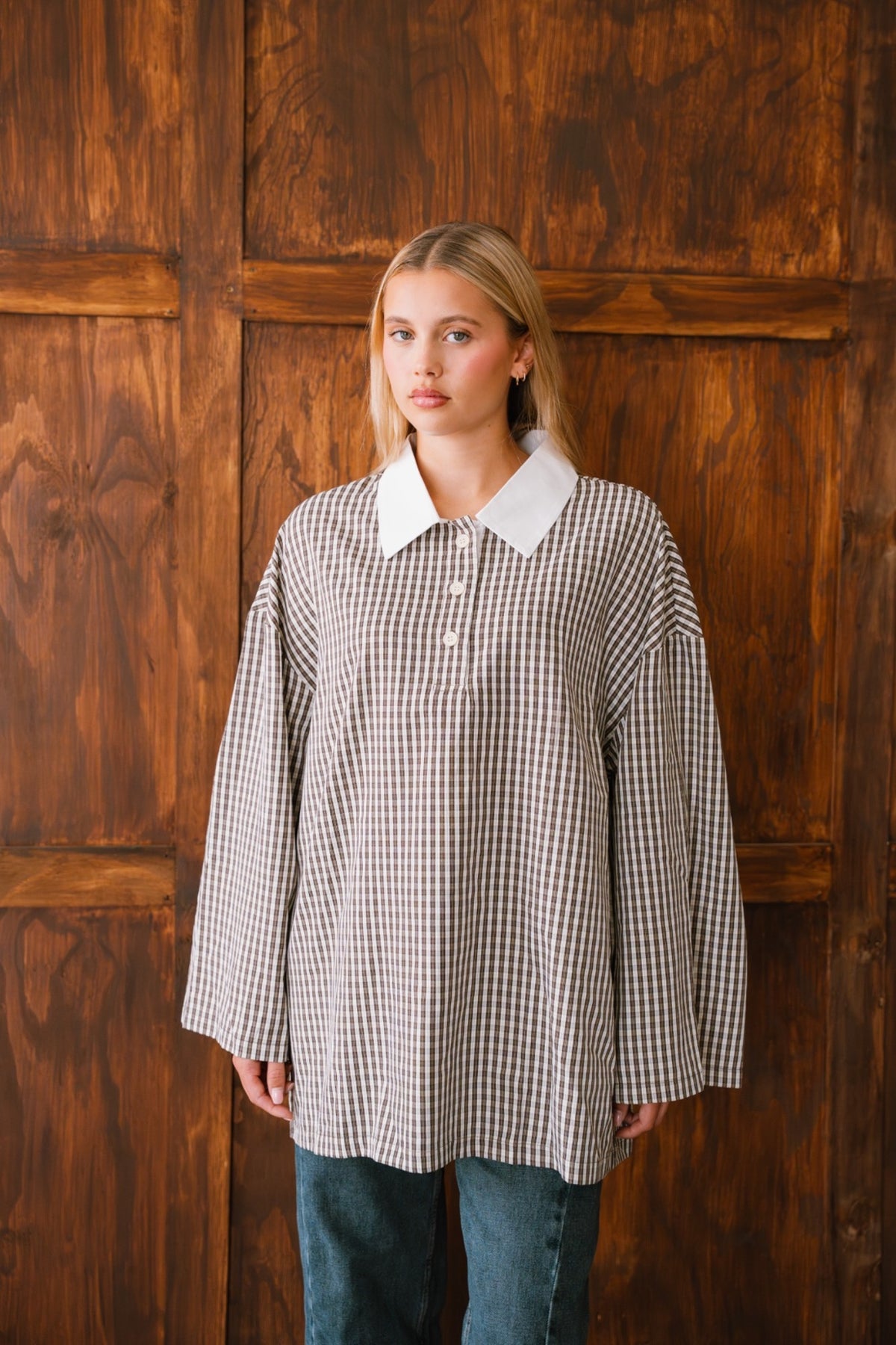 Oversized Polo Top – Dark Brown / Ecru