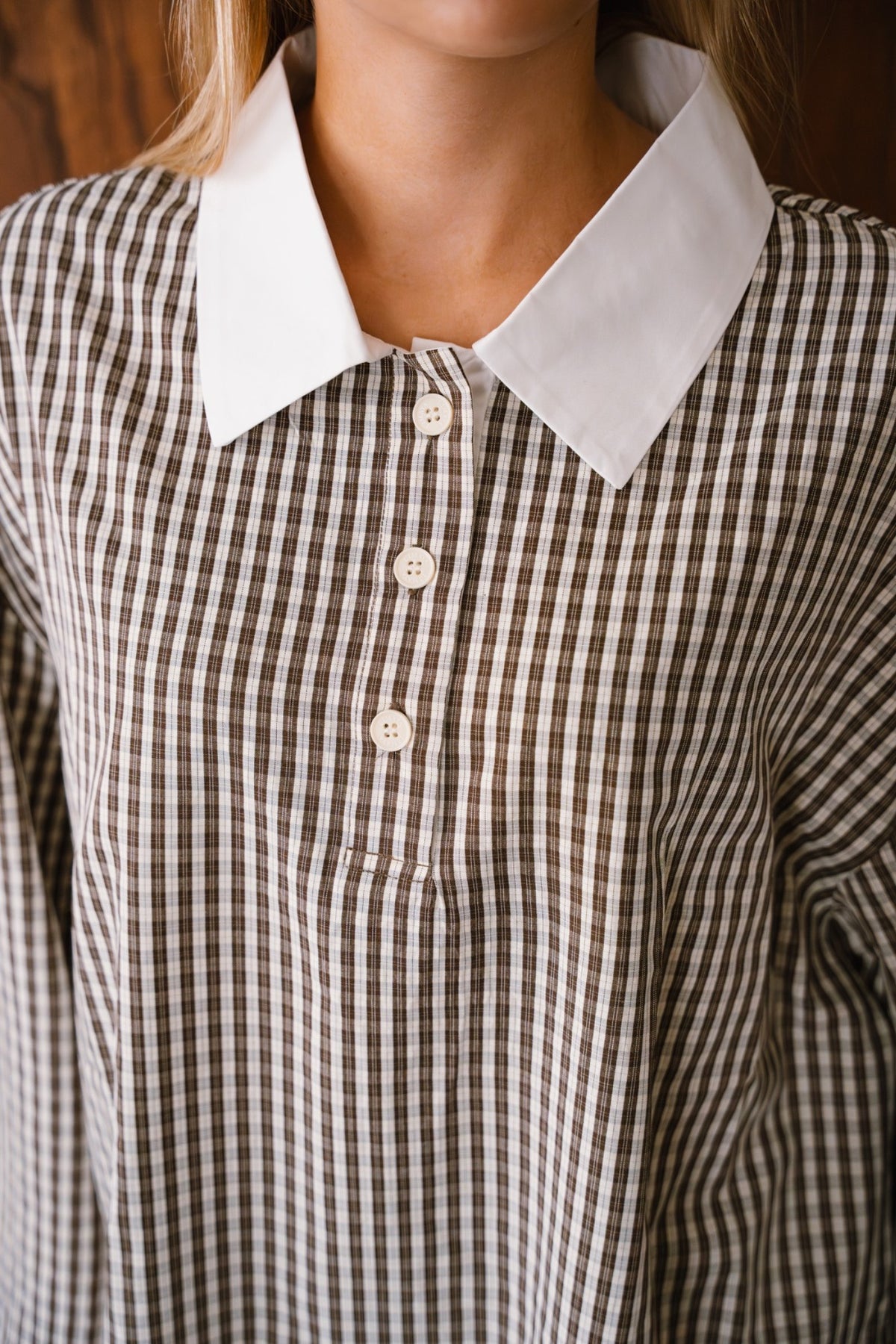 Oversized Polo Top – Dark Brown / Ecru