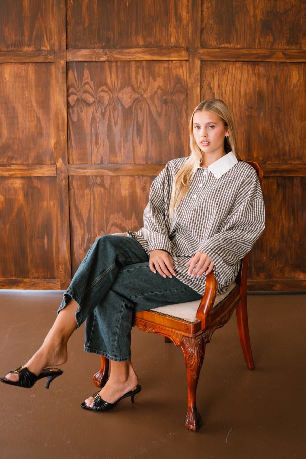 Oversized Polo Top – Dark Brown / Ecru
