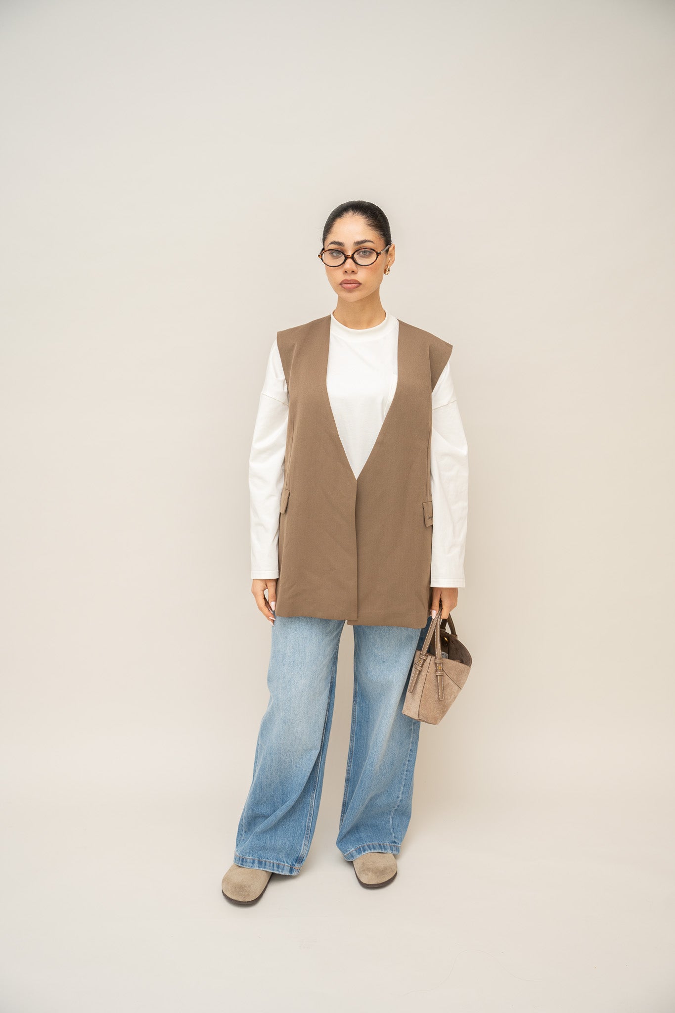 Longline Sleeveless Blazer - Mocha Brown